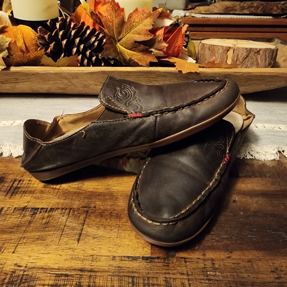 OluKai Brown Leather Slip-On Loafers